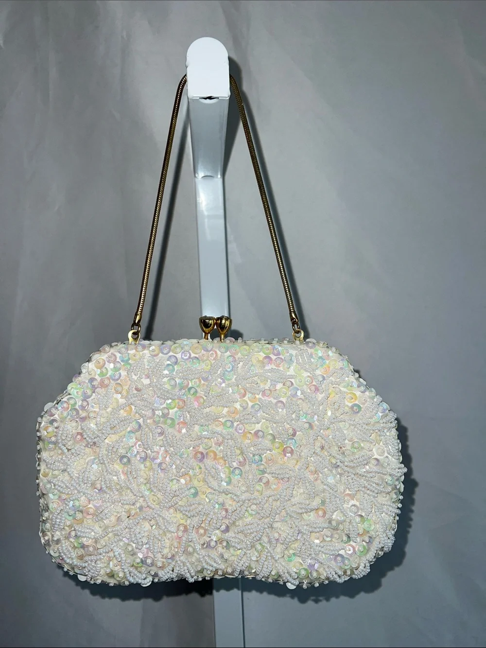 Source Unknown Ivory Pearl & Sequin Beaded Evening Clutch Vintage 1950s